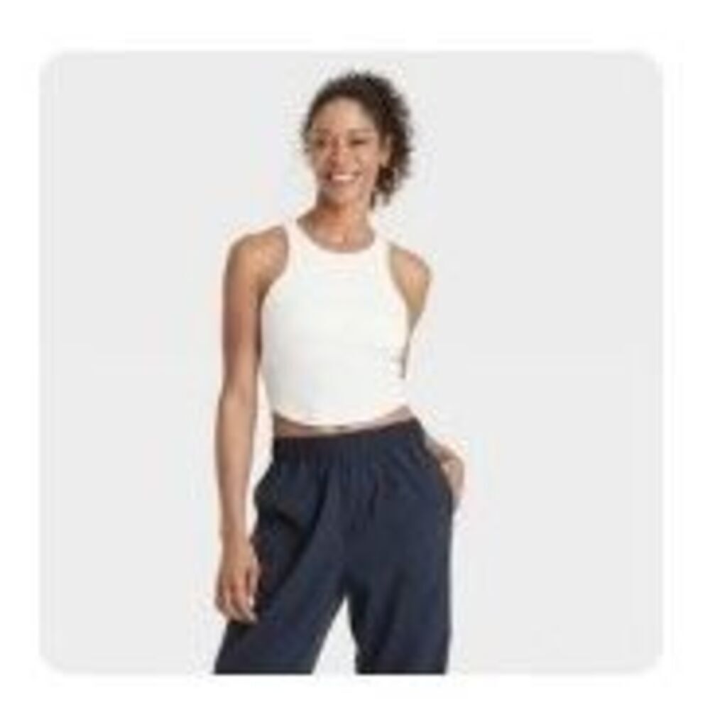 All In Motion Ribbed High Neck Racerback Cropped Tank Top in Cream Size XL
